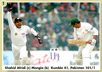 Shahid Afridi (c) Mongia (b) Kumble 41, Pakistan 101/1