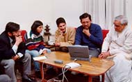 Atal Bihari Vajpayee with Shakti Sinha, left, and Kanchan Gupta, second from right during the Rediff Chat