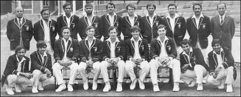 (sitting from left) Kirmani, Vishwanath, Sardesai, Baig, Wadekar, Venkataraghavan, Engineer, Gavaskar, Solkar,  (standing) Mehra (official), Prasanna, Govindraj, Bedi, Chandrashekhar, Mankad, Krishnamurthy, Jayantilal, Abid Ali, Hemu Adhikari (manager)