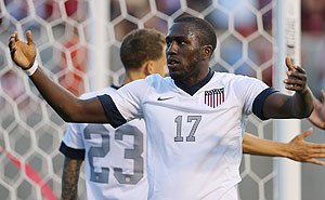 Jozy Altidore of the United States celebrates his goal against Honduras during their World Cup qualifying match at Rio Tinto Stadium in Sandy, Utah, on Tuesday
