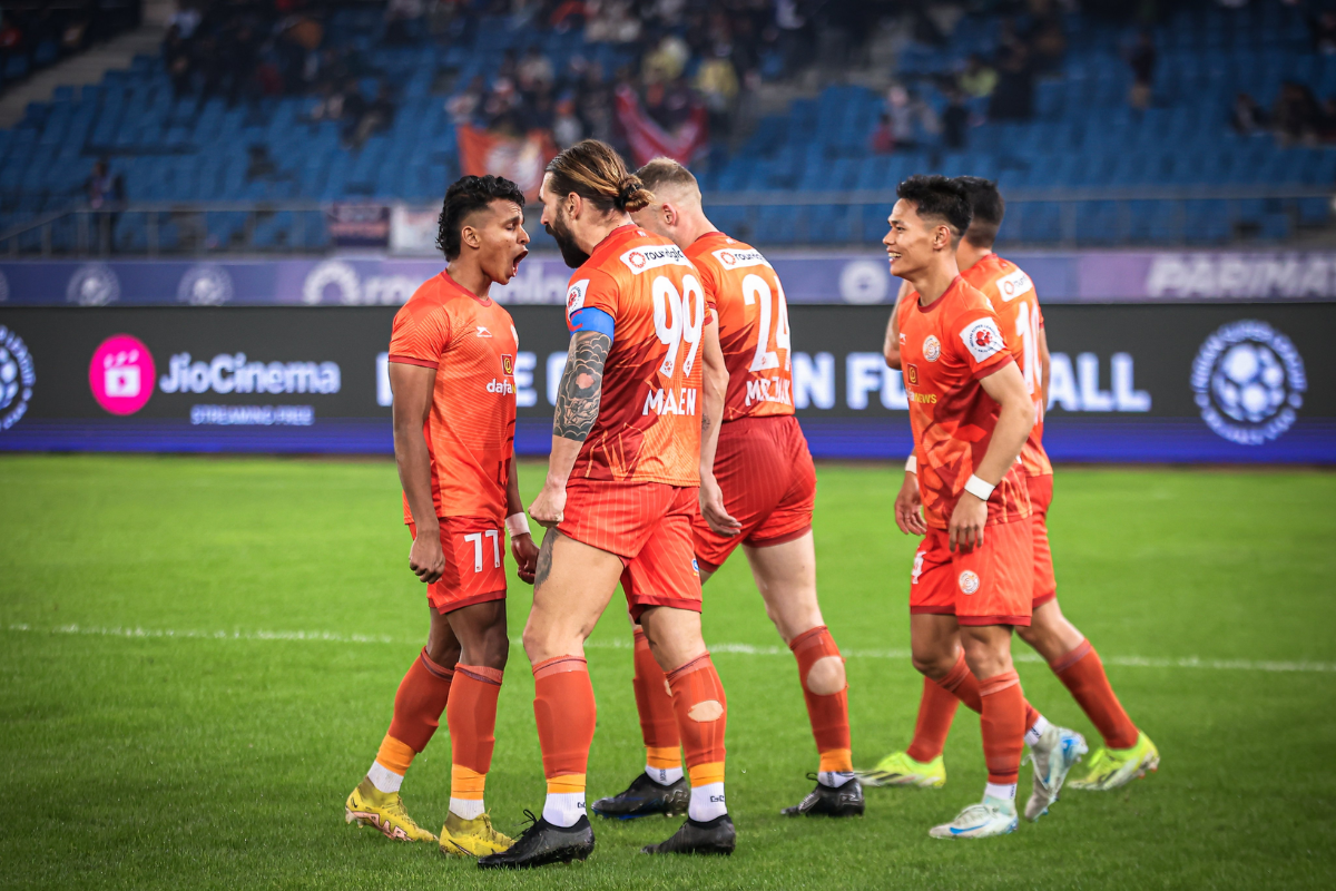 Punjab's Luka Majcen celebrates scoring the opening goal against Mohammedan Sporting in their ISL match in New Delhi on Friday